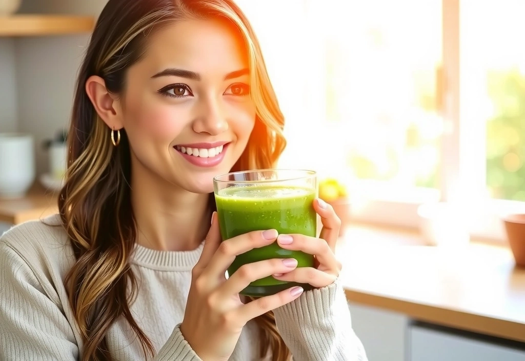Femeie zâmbind în timp ce savurează un smoothie verde, simbolizând nutriția și vitalitatea.