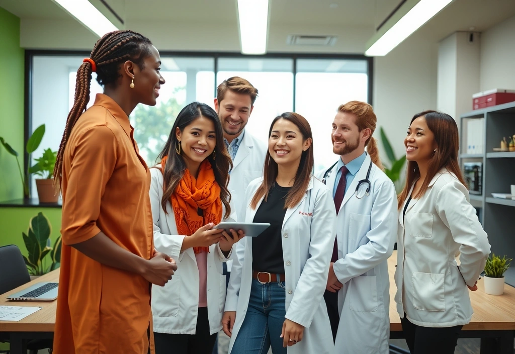 Imagine a echipei Nutrivitalvx zâmbind, o combinație diversă de experți în nutriție, oameni de știință și personal de suport, într-un mediu modern și luminos, sugerând colaborare și expertiză.