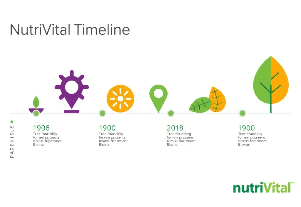 O reprezentare vizuală a unui timeline stilizat, cu puncte cheie marcate, ilustrând evoluția companiei Nutrivitalvx de la înființare până în prezent. Design modern, cu elemente de creștere și progres.