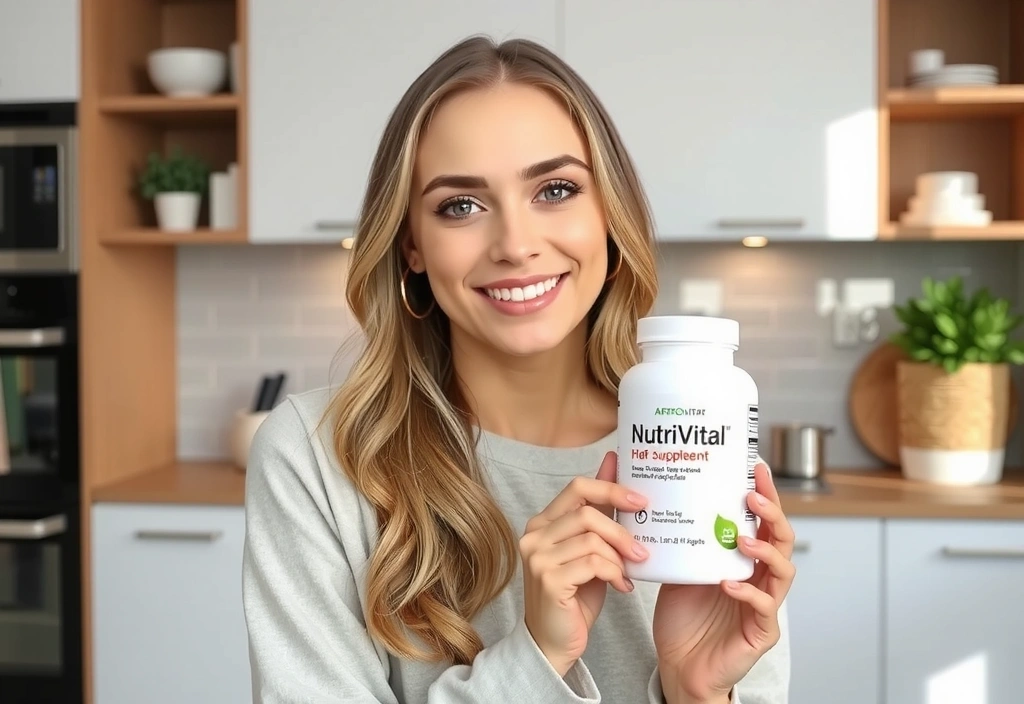 Femeie zâmbitoare care ține în mână un supliment Nutrivitalvx
