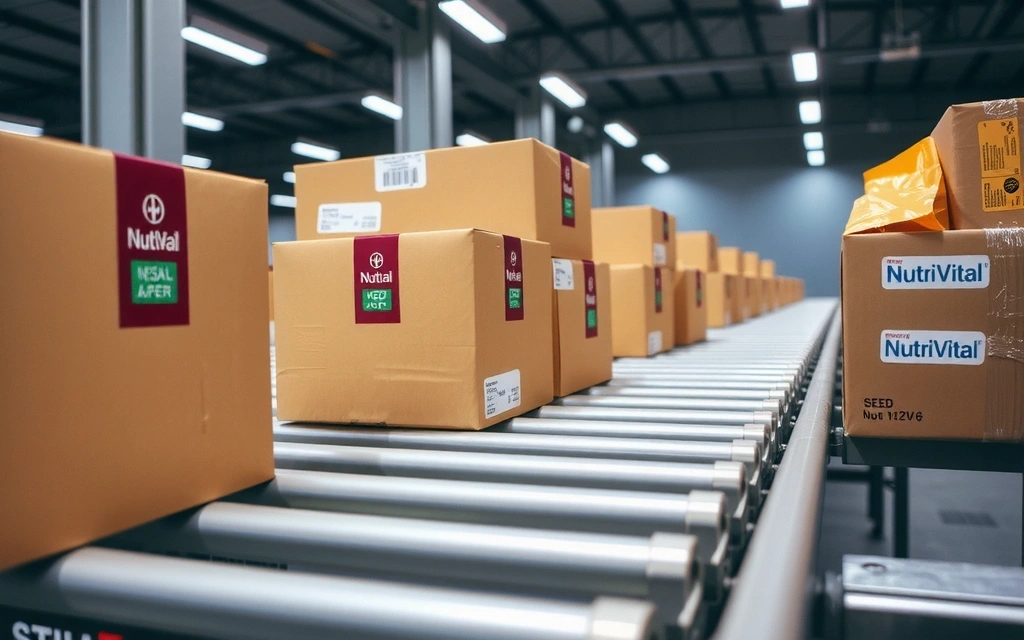 Cutii de livrare sigilate, pe o bandă transportoare, simbolizând procesul eficient de livrare a produselor Nutrivitalvx