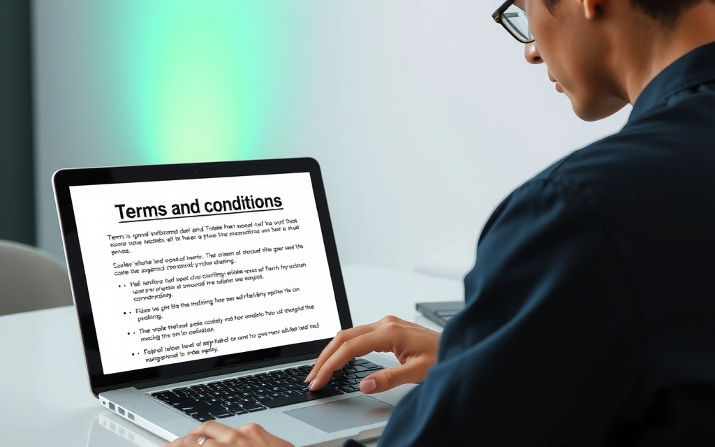 Persoană citind termeni și condiții pe un laptop, simbolizând conformitatea și responsabilitatea
